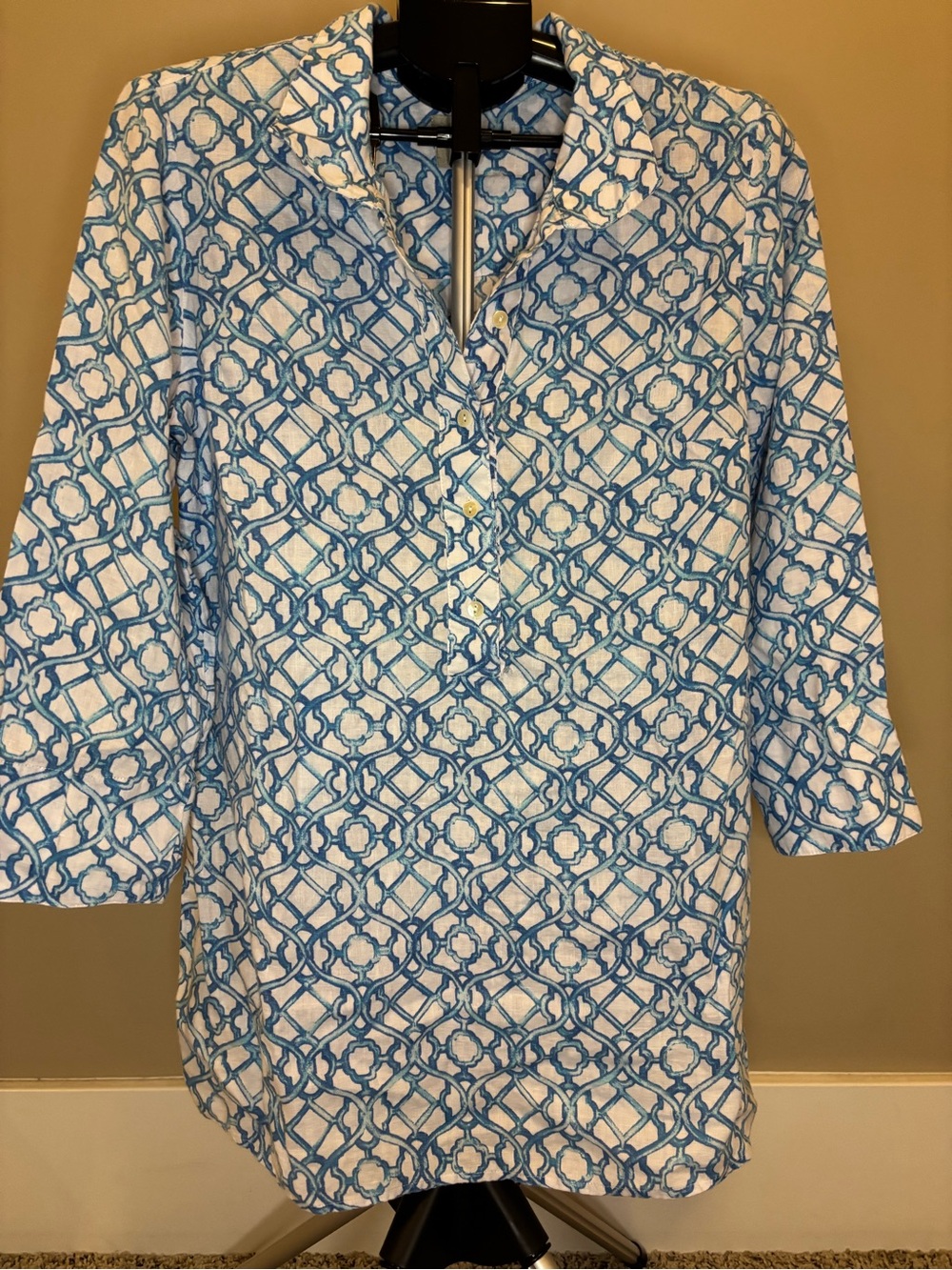 Chico’s 100% Linen Tunic Shirt Size 2 12/14 Blue White Geometric Print